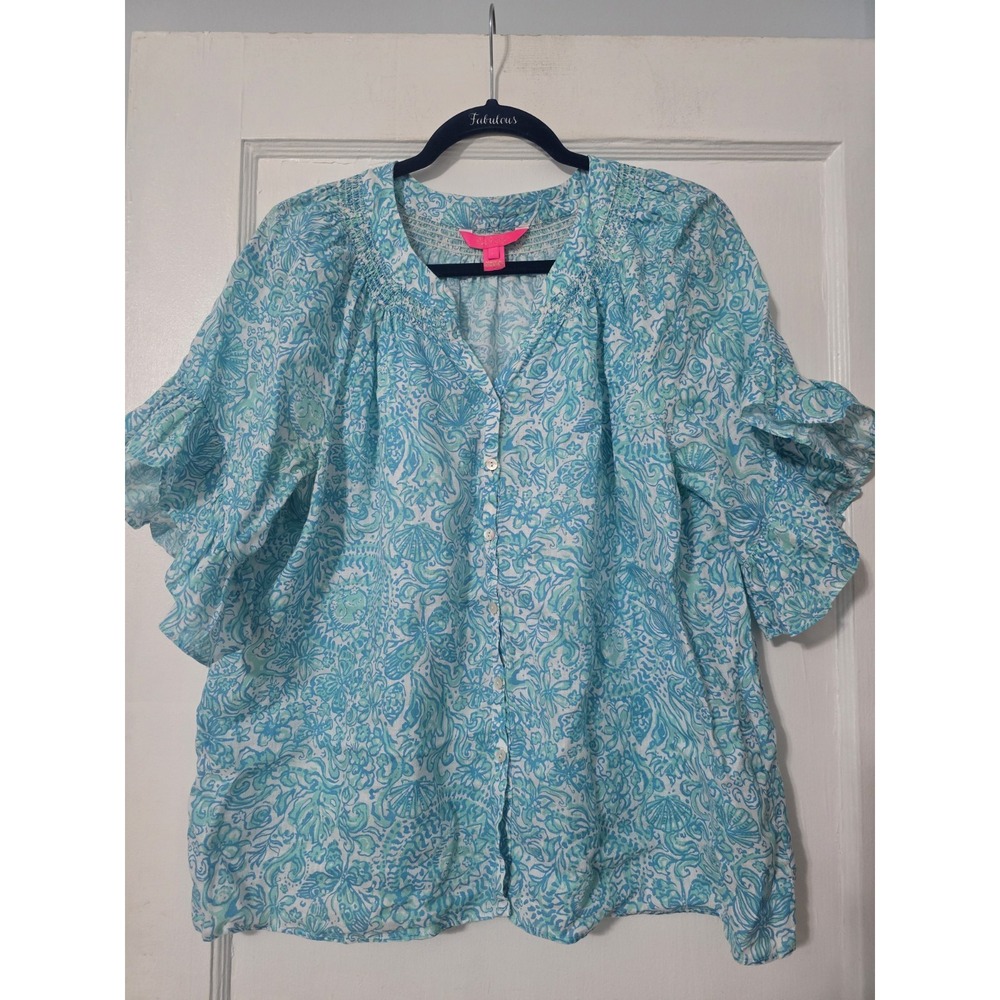 Lilly Pulitzer Tayla Linen Top Resort White Took Me By Sunrise Size Large